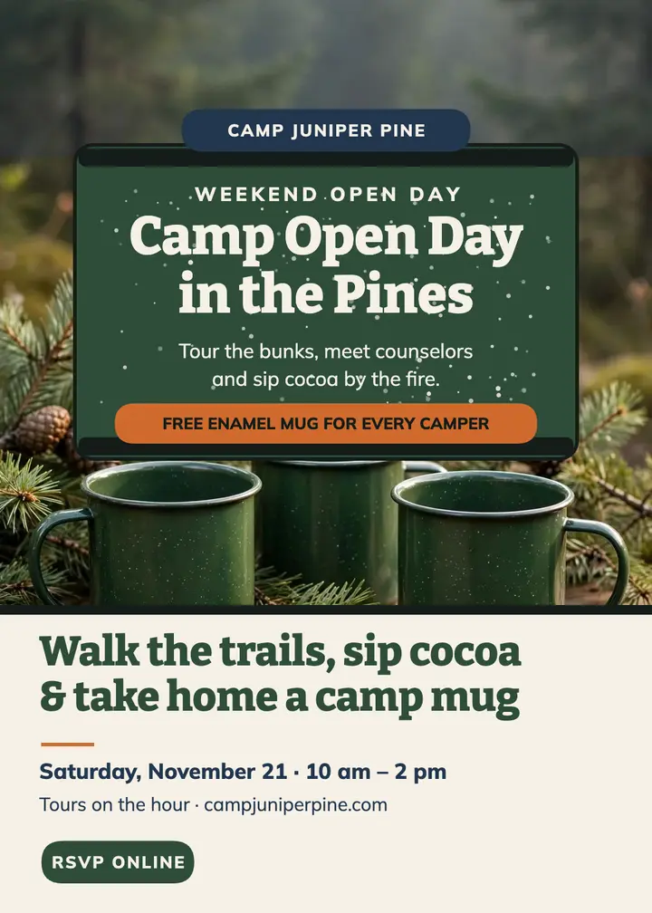 Camp Juniper Pine open day enamel invite template