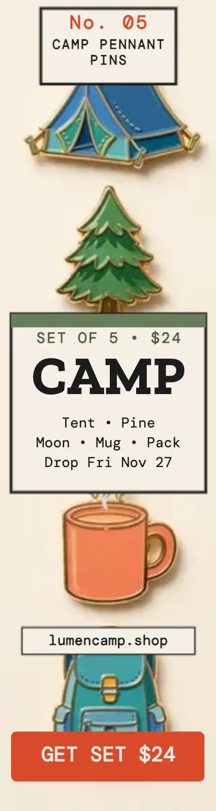 Camp Pennant enamel pins drop skyscraper template