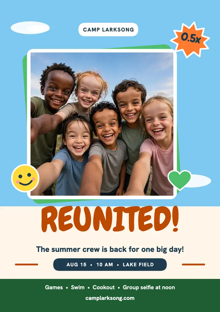 Camp Larksong reunion selfie flyer: summer camp reunion flyer template