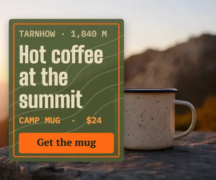 Enamel camp mug display ad, expedition utility template