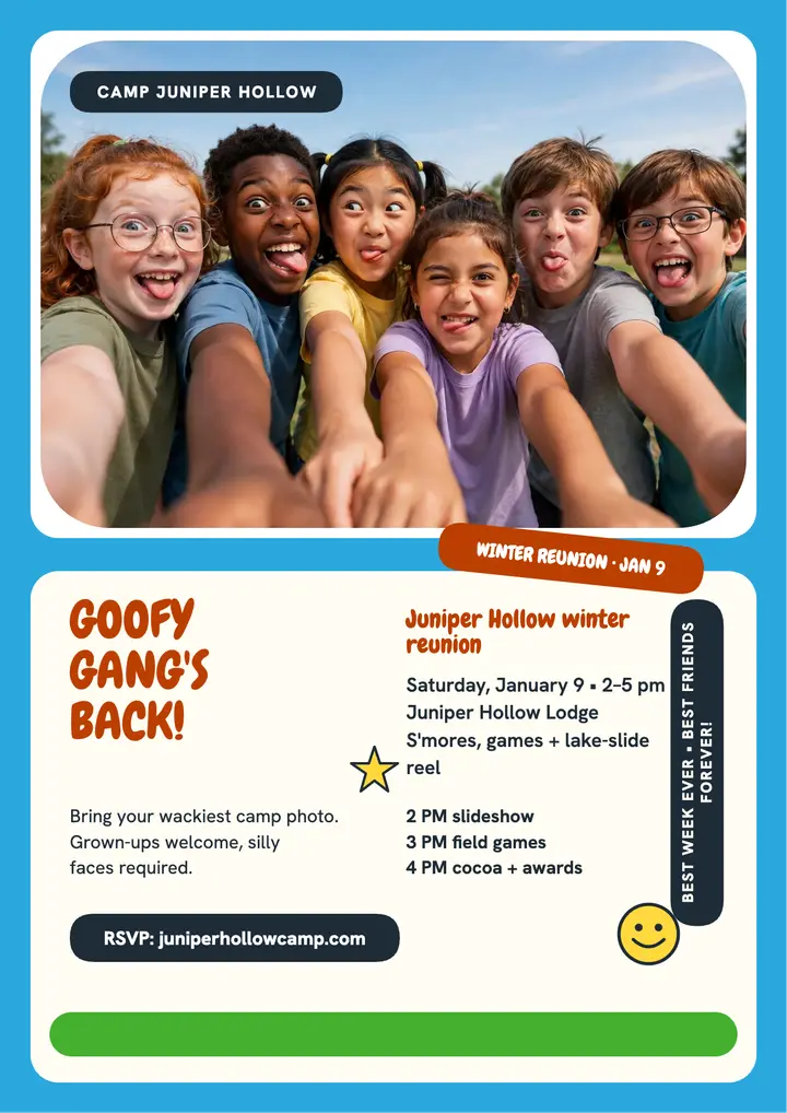 Juniper Hollow camp reunion selfie flyer: camp reunion flyer template