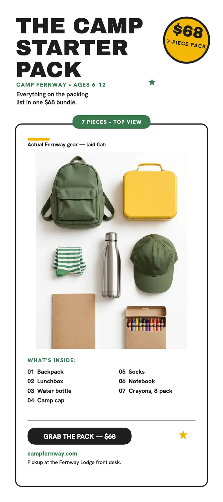 Camp Fernway starter pack rack card template