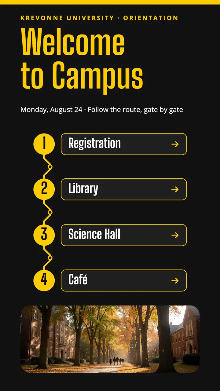 Krevonne University campus orientation wayfinding story template