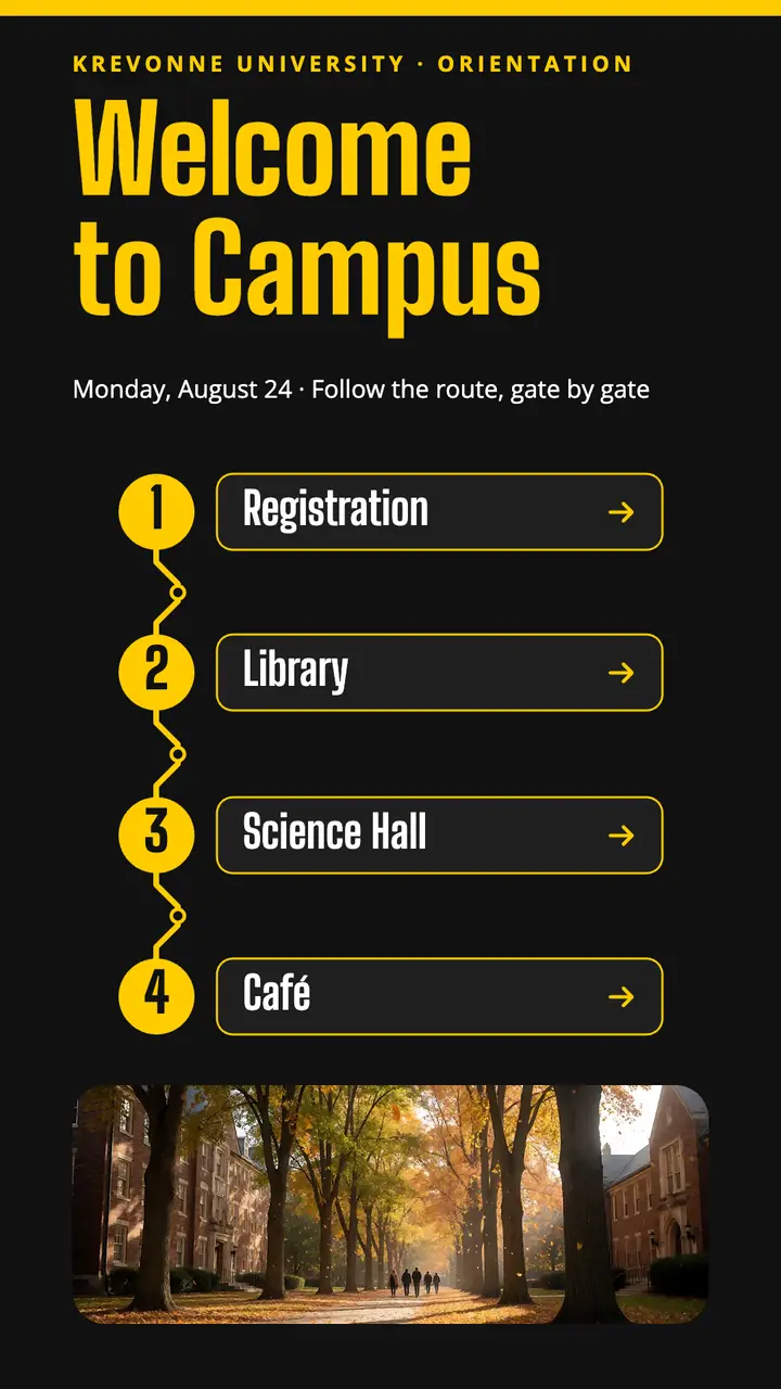 Krevonne University campus orientation wayfinding story template