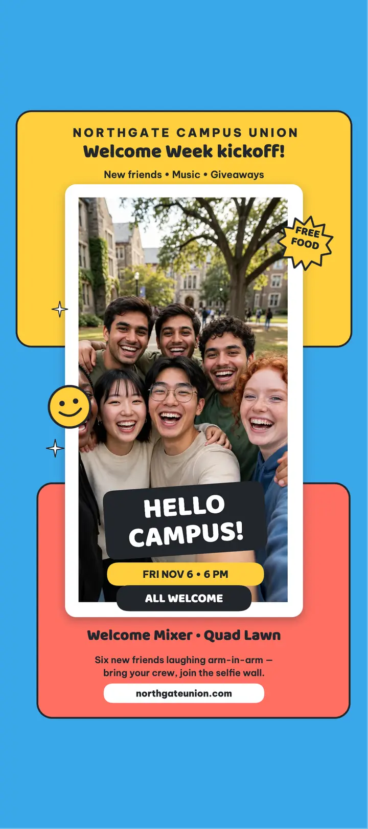 Campus welcome mixer selfie rack card template