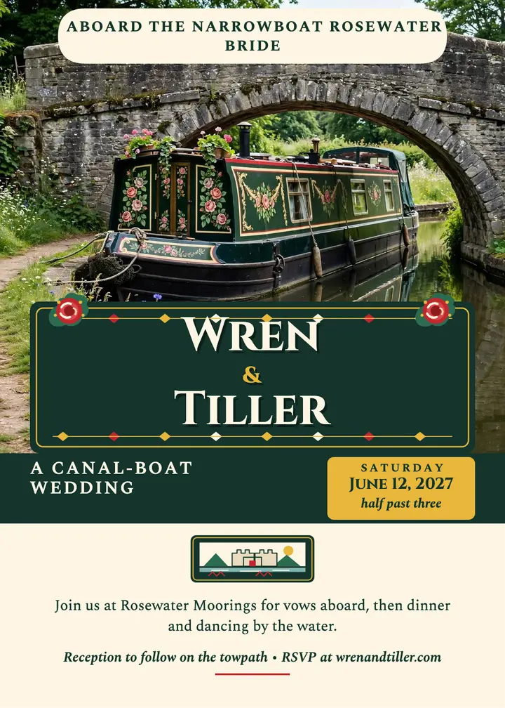Wren and Tiller canal-boat wedding invitation template