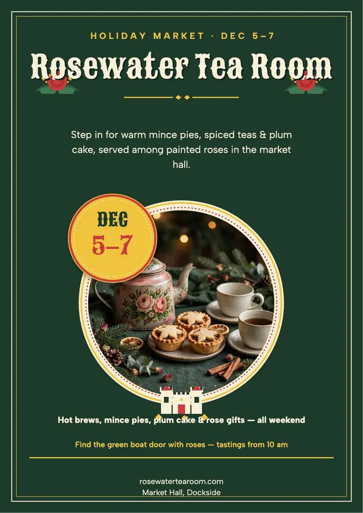 Rosewater Tea Room holiday market flyer: holiday market flyer template