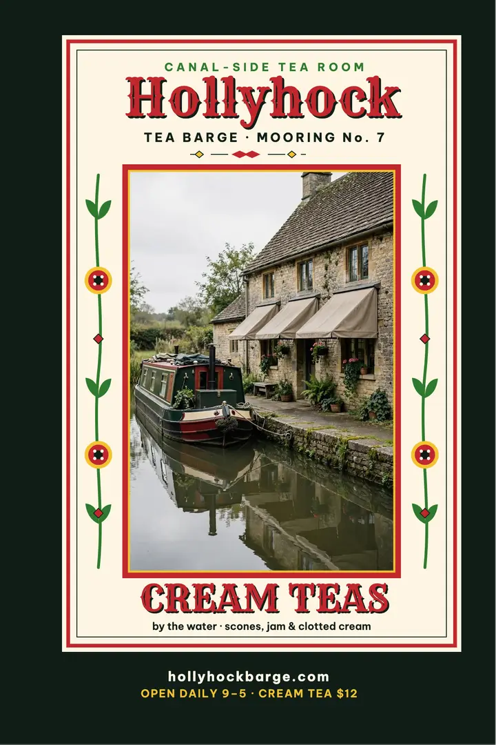 Hollyhock Tea Barge canal poster template