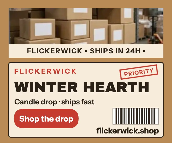 Flickerwick Winter Hearth candle drop parcel ad: candle drop ad template