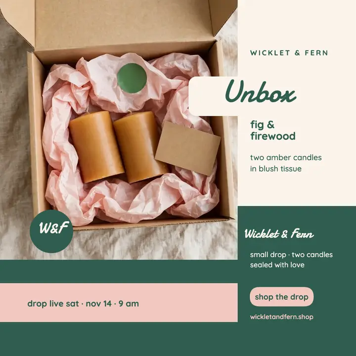 Wicklet and Fern candle drop unboxing post: candle drop unboxing post template