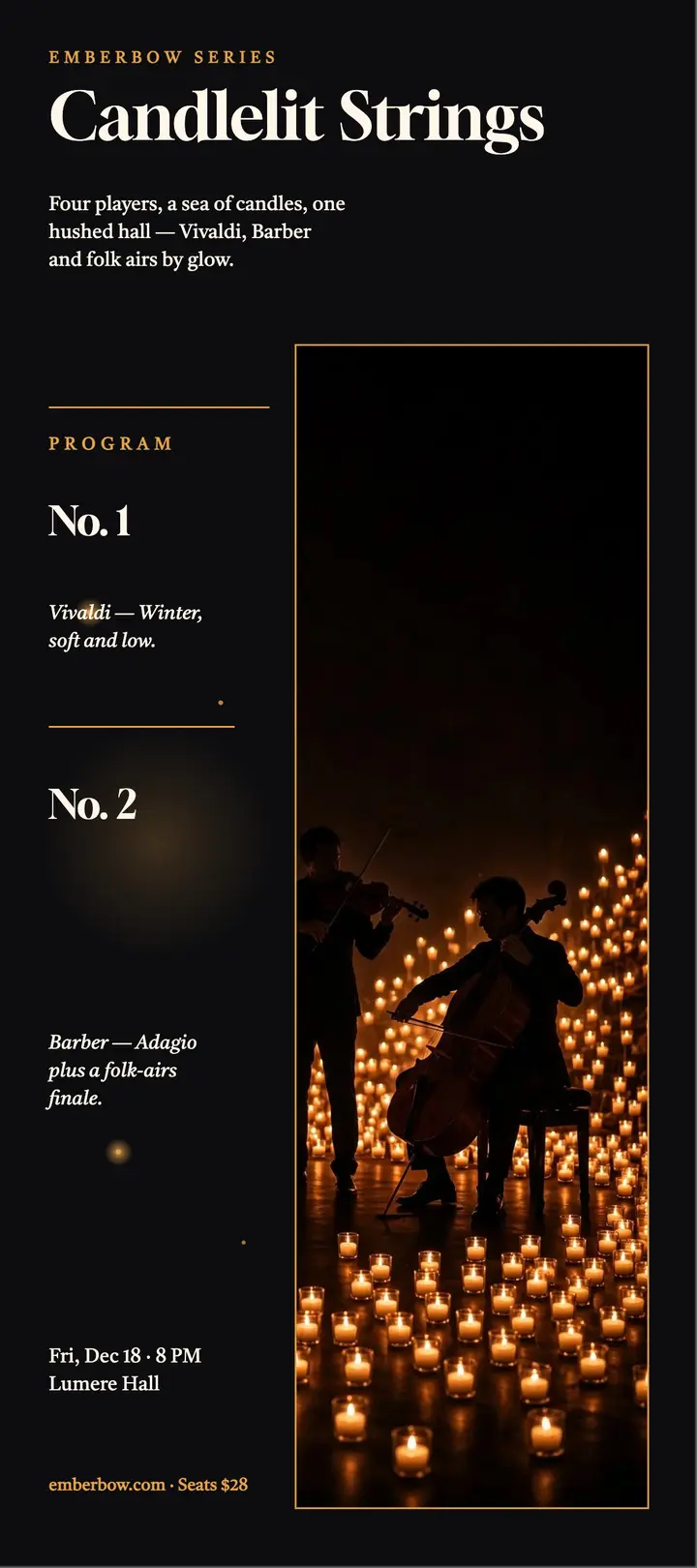 Emberbow candlelit strings rack card: candlelight concert rack card template
