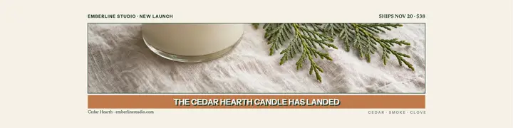 Emberline Cedar Hearth launch banner template