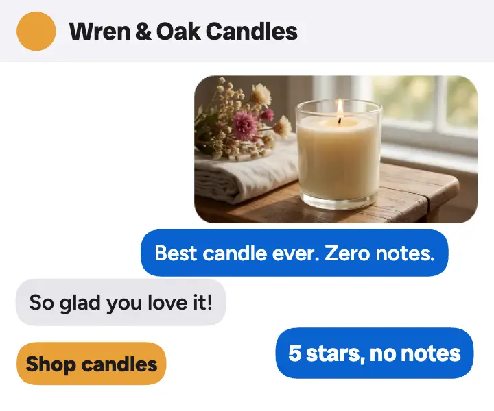 Wren and Oak candle review thread ad: customer review text thread ad template