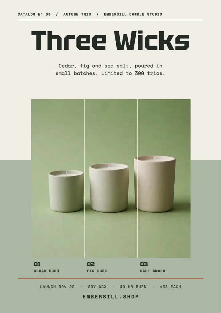 Seasonal candle trio launch flyer, specimen index: candle collection launch flyer template