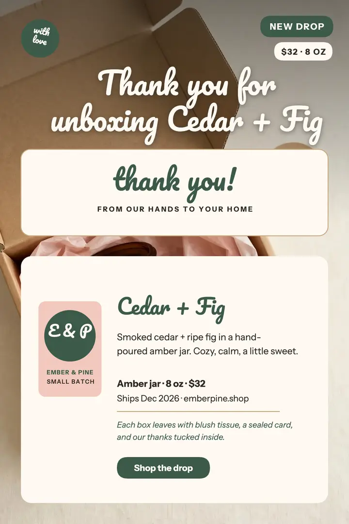 Ember and Pine candle unboxing poster template
