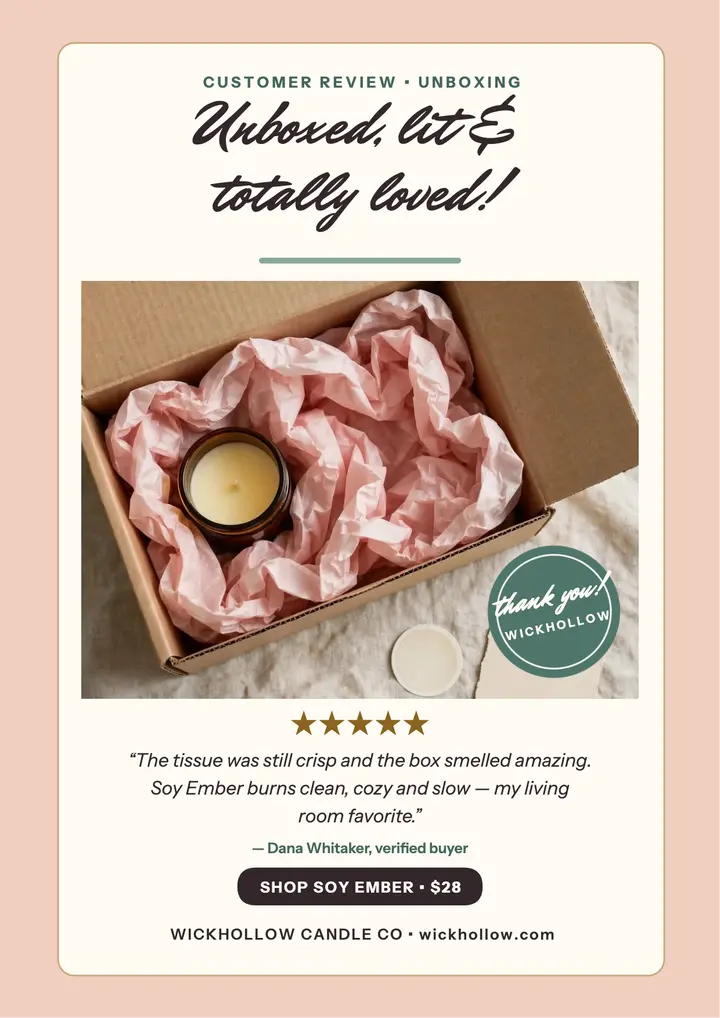 Wickhollow unboxing review flyer: customer review flyer template