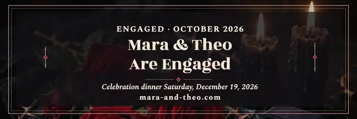 Mara and Theo candlelit rose engagement header: engagement announcement template