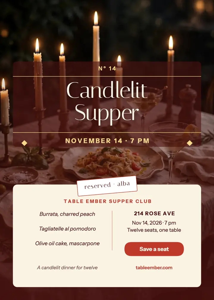Table Ember candlelit supper invitation: supper club invitation template