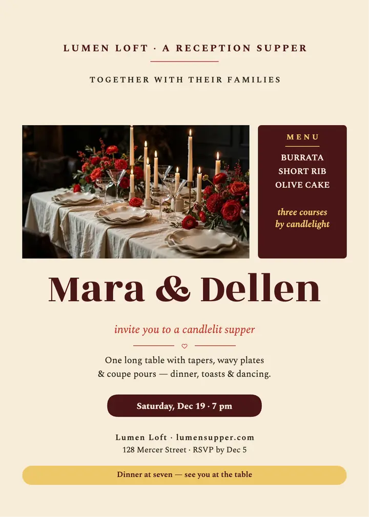 Mara and Dellen candlelit supper invitation template