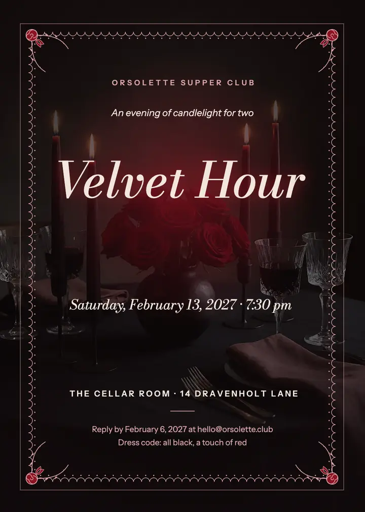 Valentine's candlelit supper invitation, dark romance template