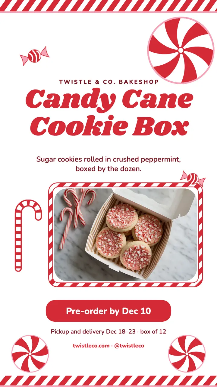 Candy cane cookie box pre-order story, peppermint swirl template