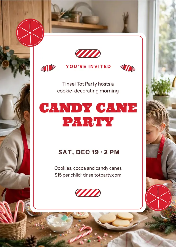 Tinsel Tot candy cane kids party invitation template
