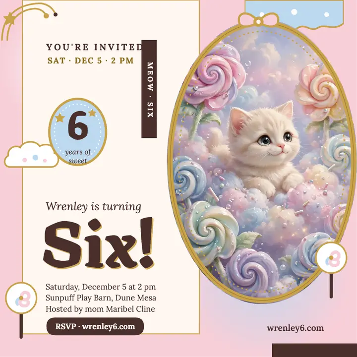 Wrenley sixth birthday kitten invite: birthday invite template