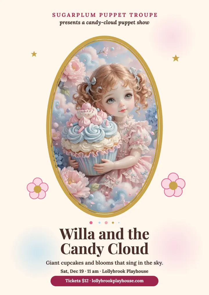 Willa candy cloud puppet show flyer: puppet show flyer template
