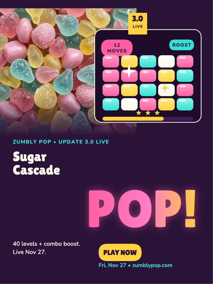 Sugar Cascade 3.0 match-3 launch post: match-3 game update post template