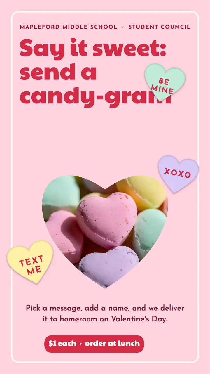 Mapleford candy-gram fundraiser story, conversation hearts template