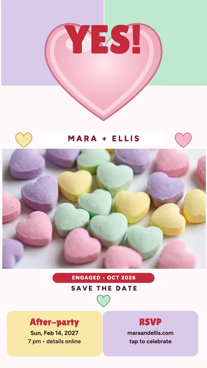 Mara and Ellis candy hearts engagement: engagement announcement story template