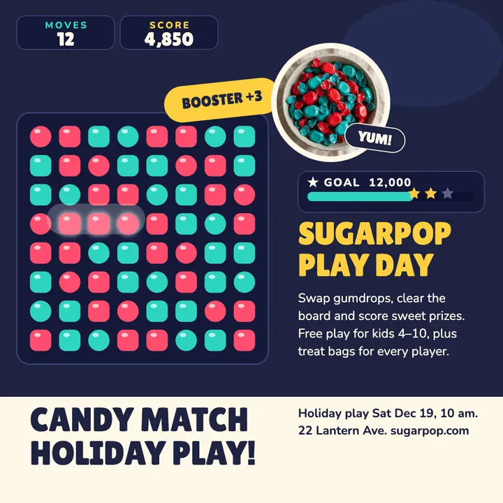 Sugarpop candy match play day post template