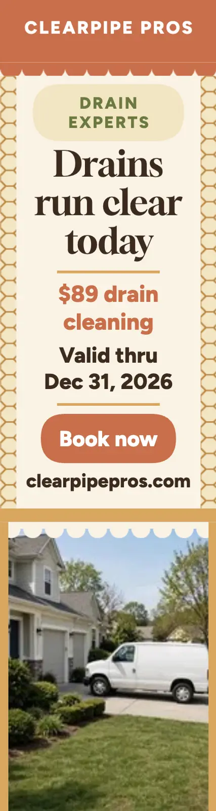 Clearpipe drain cleaning skyscraper ad: drain cleaning ad template