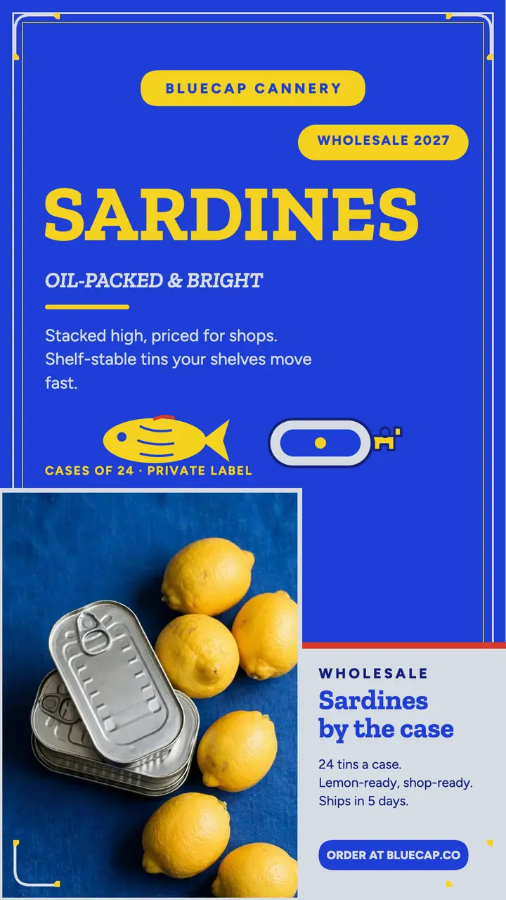 Bluecap Cannery sardine tins story template
