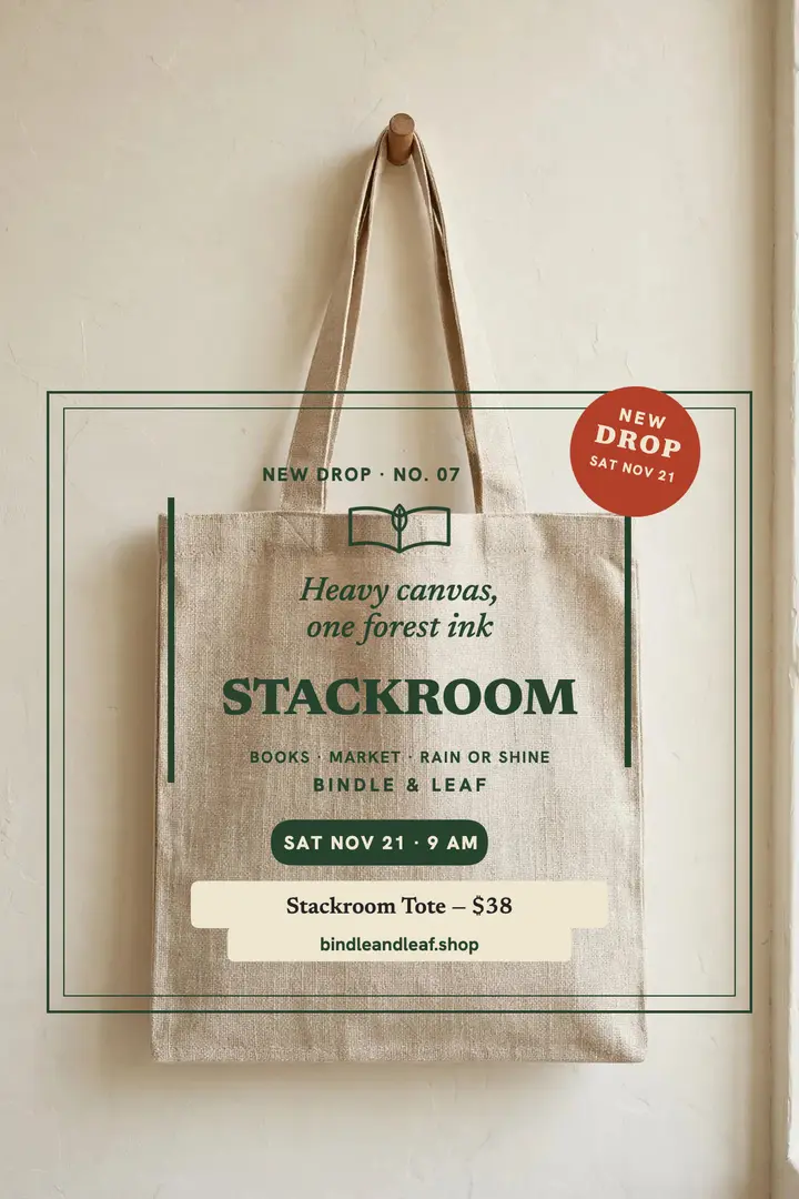 Bindle and Leaf Stackroom tote drop poster template