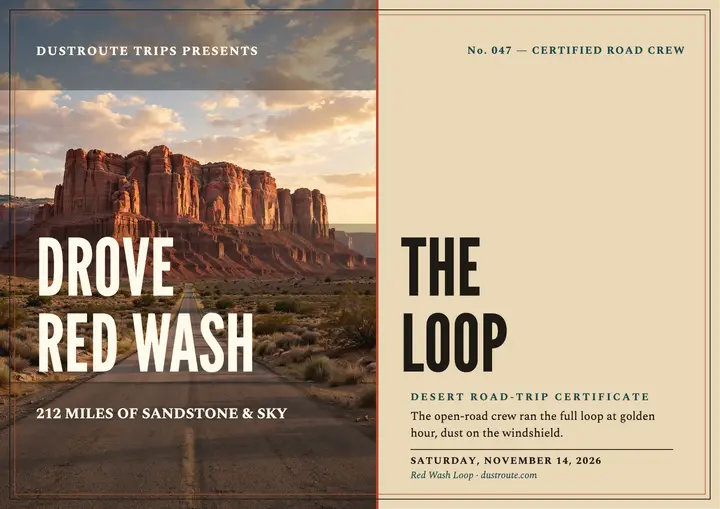 Dustroute Red Wash Loop road certificate template