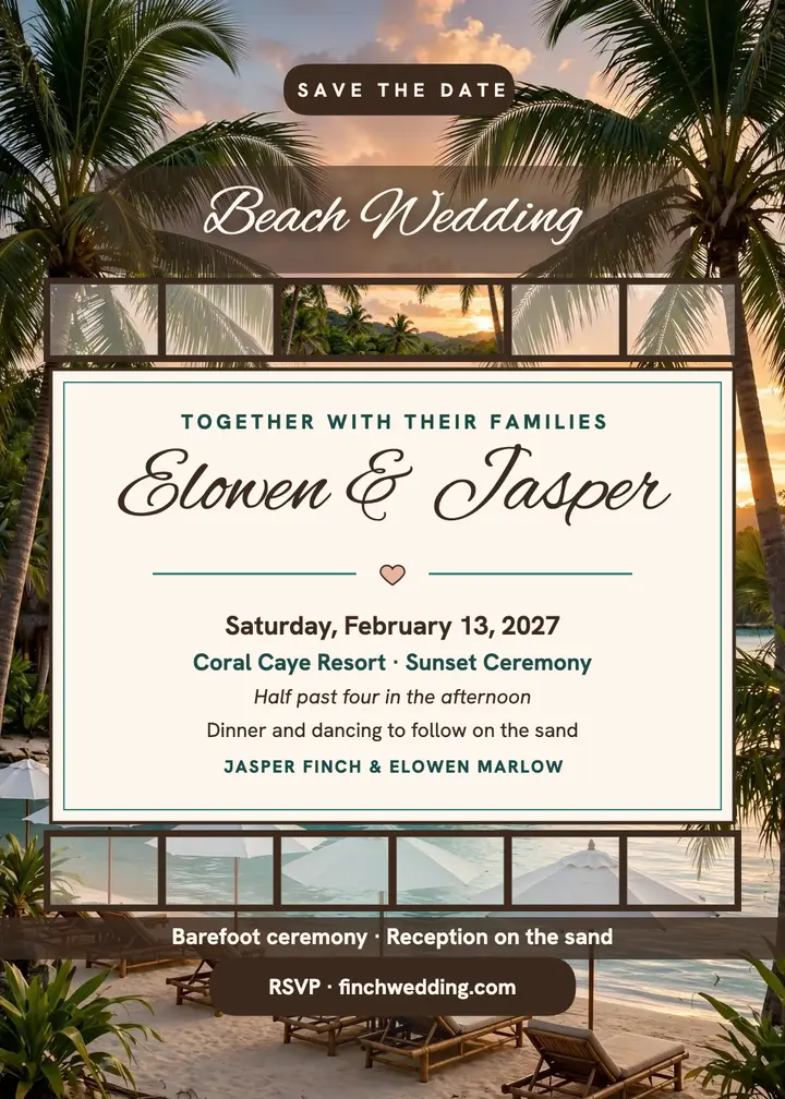 Elowen and Jasper beach wedding invitation: beach wedding invitation template