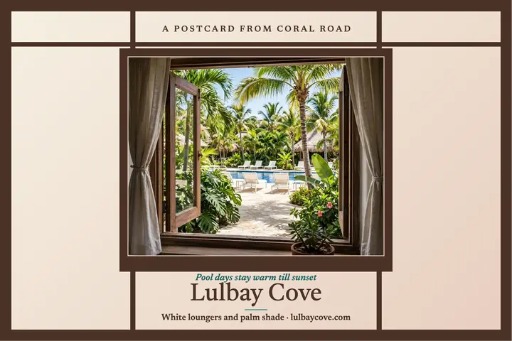 Lulbay Cove resort pool postcard: beach resort postcard template