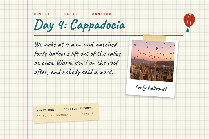 Cappadocia balloon sunrise travel journal postcard template