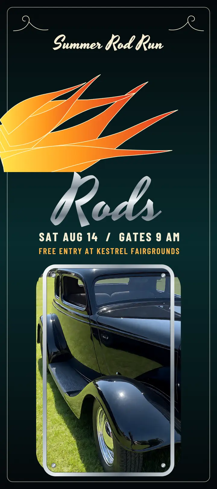 Summer rod run flames rack card: hot rod car show rack card template