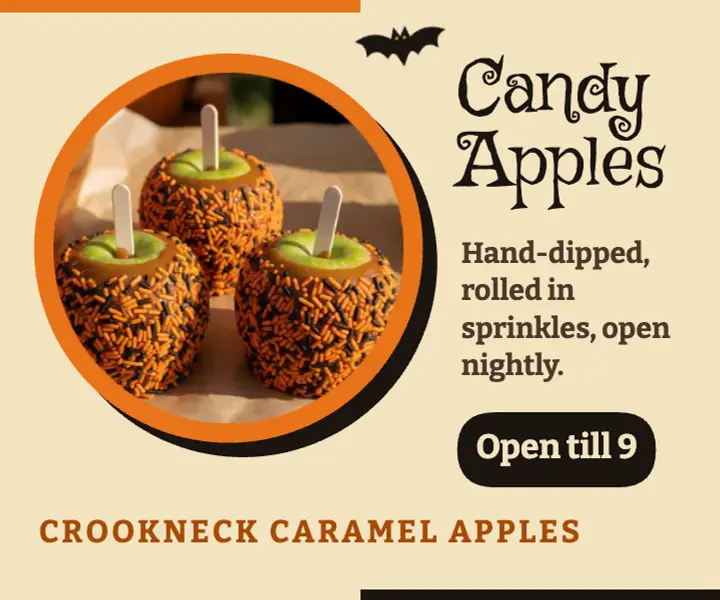 Caramel apple stand ad, vintage Halloween die-cut template