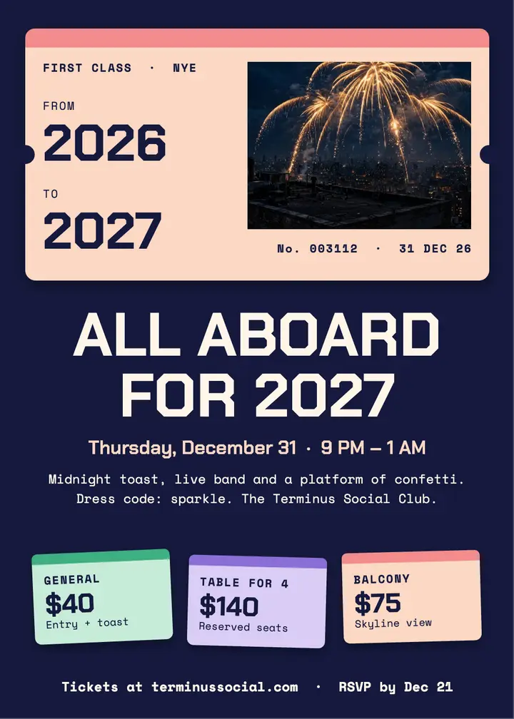 Terminus Social New Year's Eve ticket invitation: new year's eve party invitation template