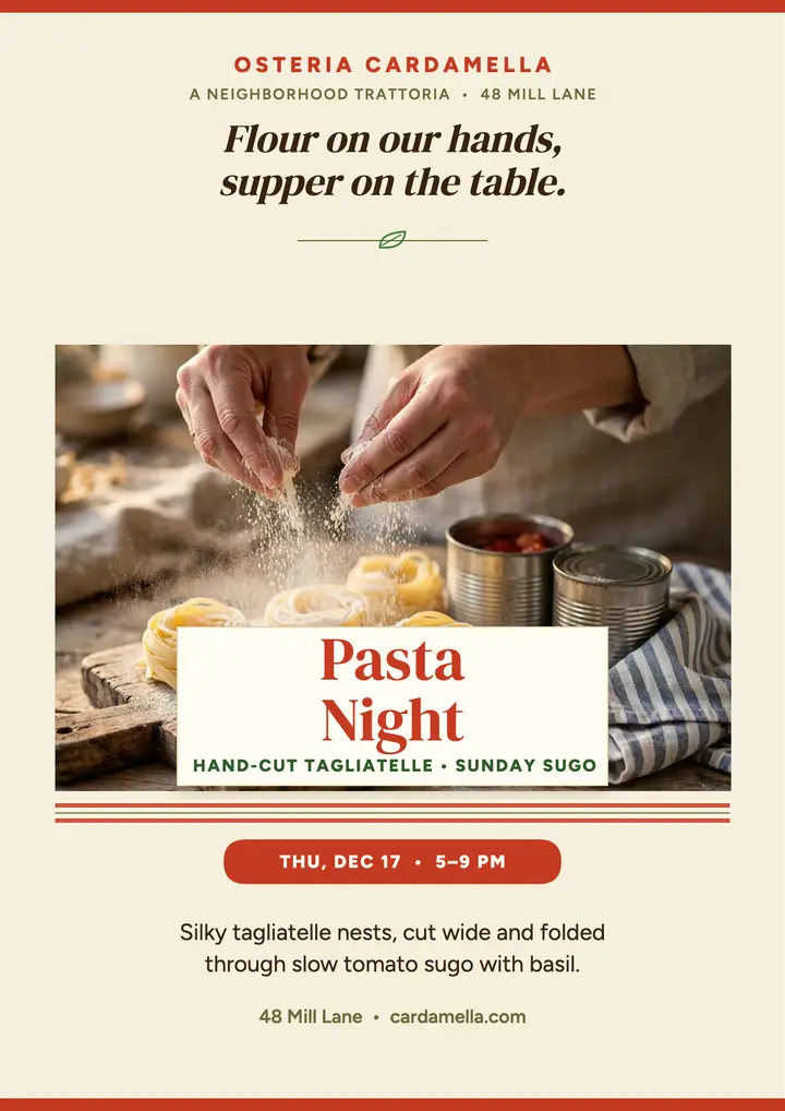 Cardamella pasta night flyer, tagliatelle template