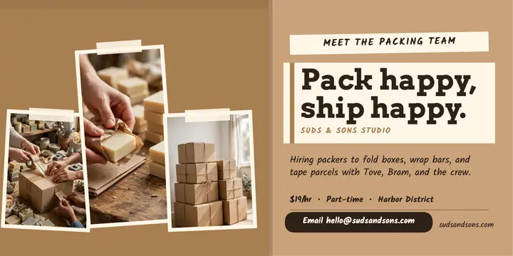 Suds and Sons packing team hiring post: soap hiring post template