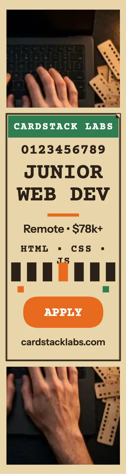 Cardstack Labs junior dev punch card ad: junior web developer hiring ad template