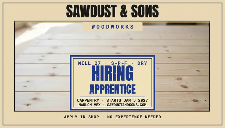 Sawdust and Sons apprentice hiring card template