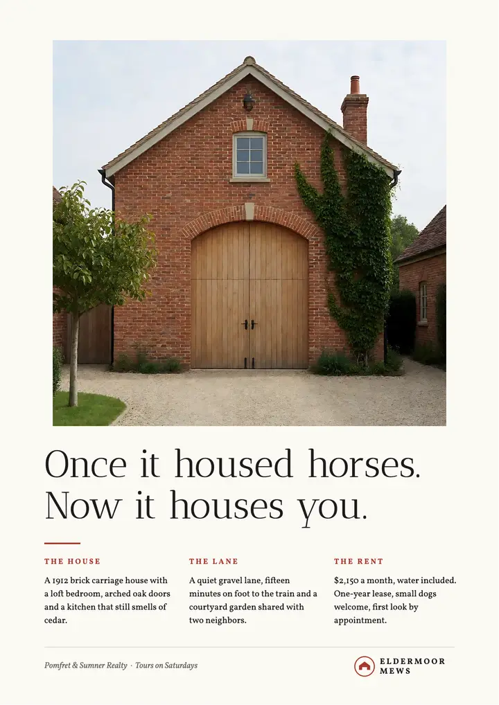 Eldermoor Mews carriage house rental flyer: carriage house for rent flyer template
