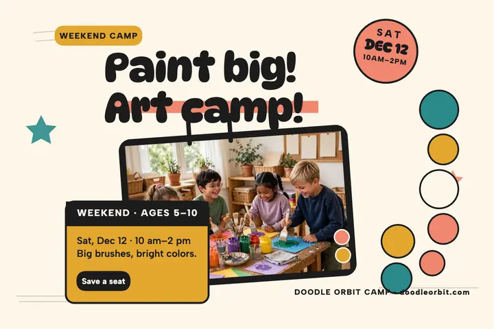 Doodle Orbit weekend art camp postcard: art camp postcard template