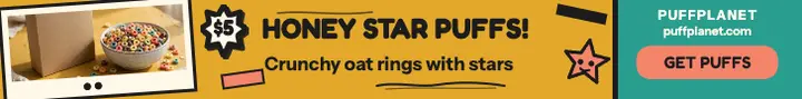 Puffplanet Honey Star Puffs leaderboard: cereal launch ad template