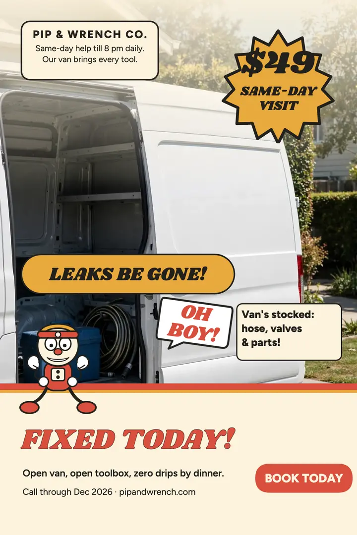 Pip and Wrench same-day cartoon poster: plumber promo poster template